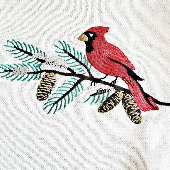 Croft & Barrow Ivory Embroidered Sequin Cardinal Sweater Size L - Picture 7 of 8